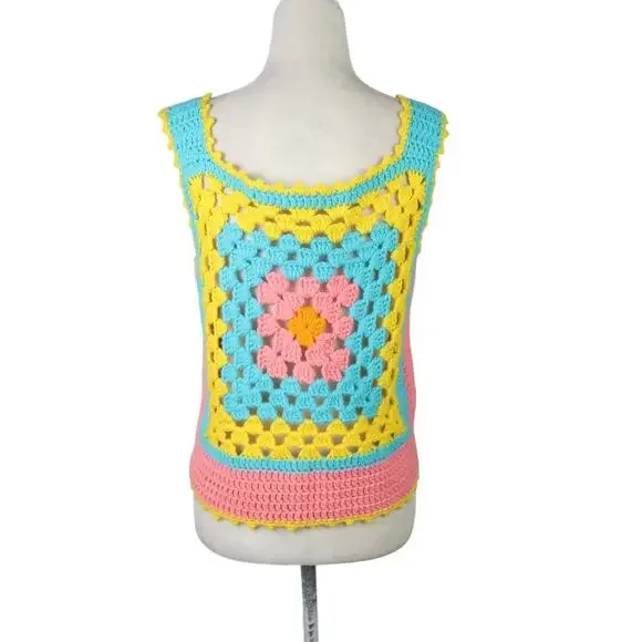Vintage 70s Blue Yellow Pink Granny Square Crochet Knit Sweater Vest M - Picture 4 of 4